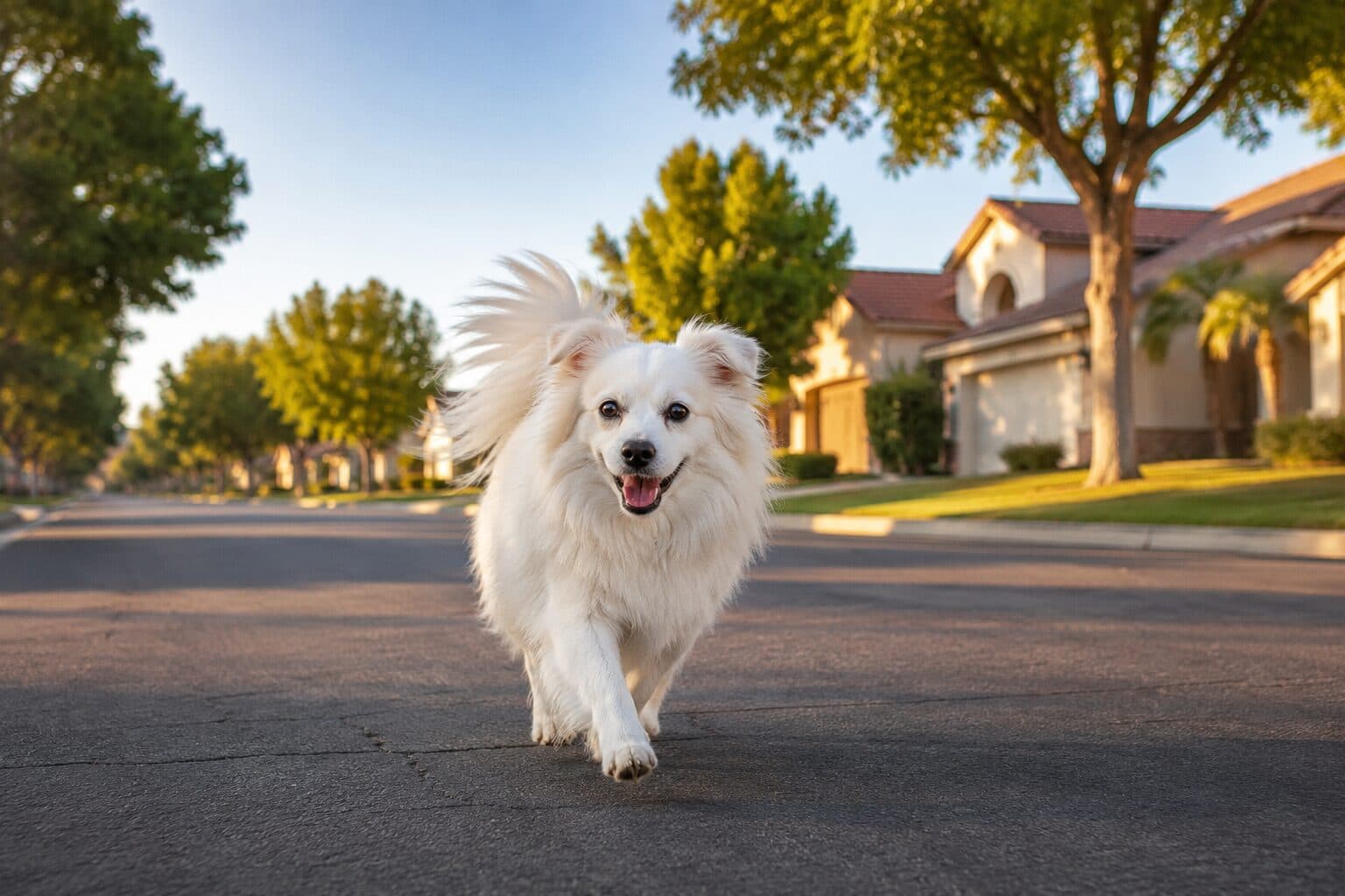 Niko exploring a tree-lined Bakersfield neighborhood near rental properties