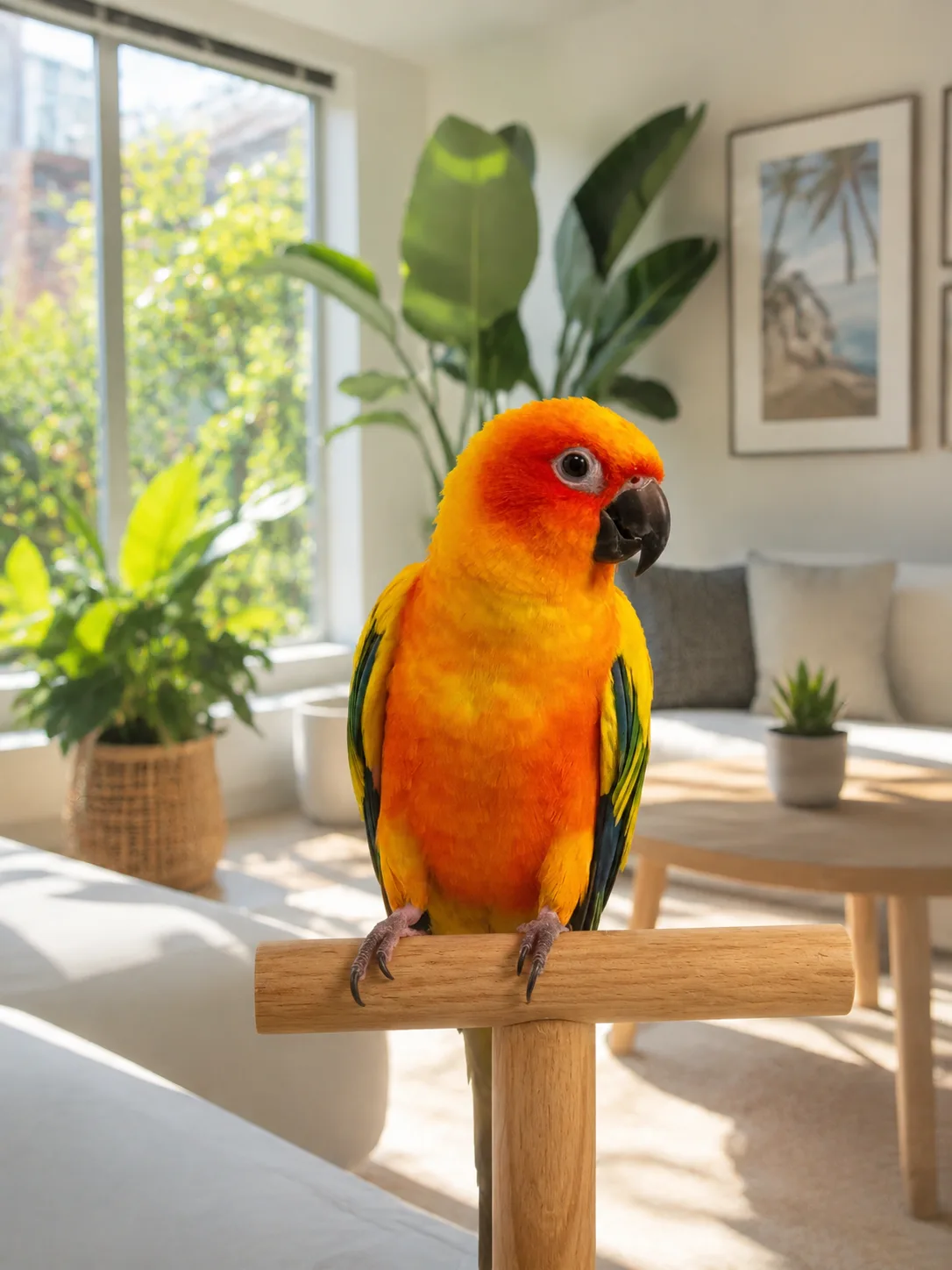 Picasso the sun conure perched indoors in a bright Bakersfield home