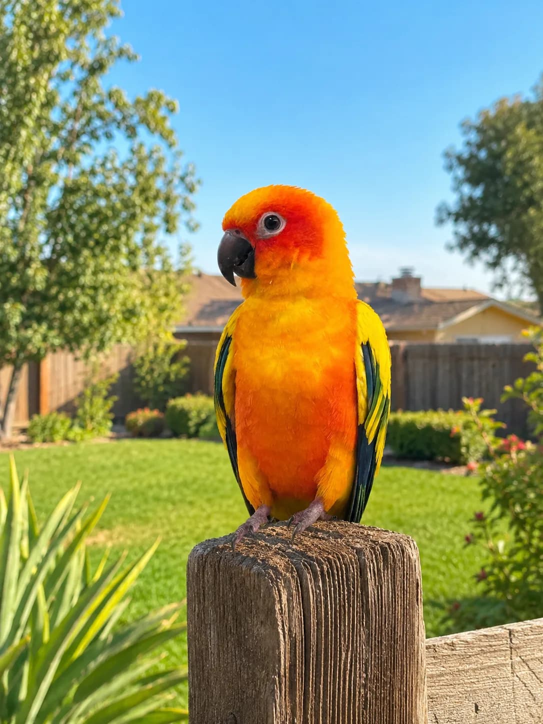 Picasso the sun conure outside enjoying a sunny Bakersfield backyard